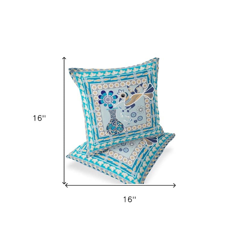 HomeRoots Set of Two 16" X 16" Blue and Gold Peacock Blown Seam Floral Indoor Outdoor Throw Pillow - 16.00' X '16.00' X '5.00