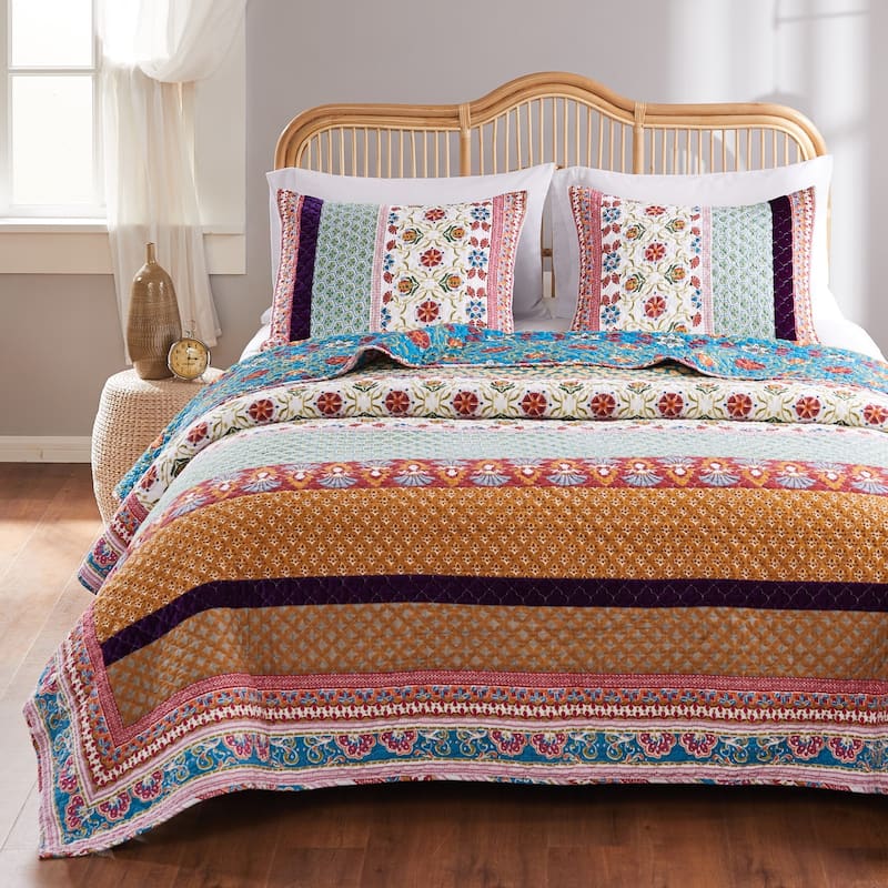 Greenland Home Fashions Thalia Velvet-Embellished Cotton Quilt Set - Tango 3PC - Oversized Queen