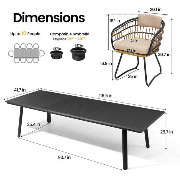 dimension image slide 1 of 7, 7/9/11-Piece Outdoor Patio Dining Set Aluminum Rectangular Dining Table with Umbrella Hole and PE Rattan Chairs - See Picture