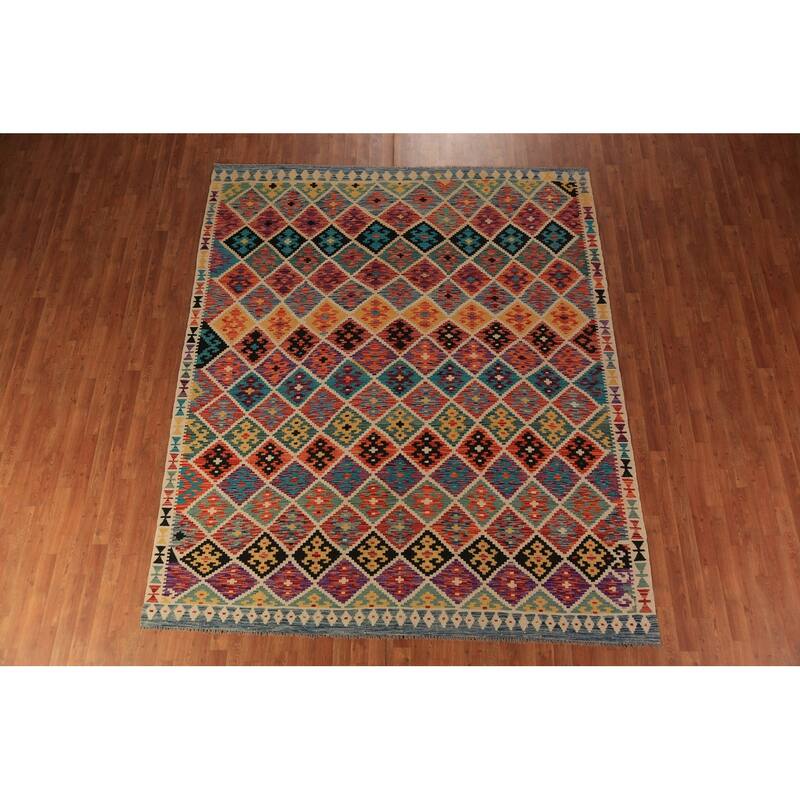 Reversible Trellis Kilim Oriental Area Rug Flatweave Wool Carpet - 8'2"x 9'8"