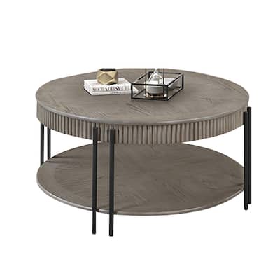 Pery Coffee Table, 38 Inch, Light Gray Round Top, Sleek Iron Legs