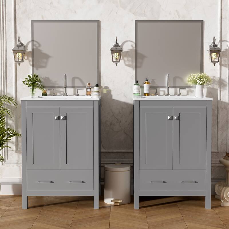 GDFStudio - Transitional Double Bathroom Vanity Set, Dual Undermount Sink, Soft-Close Doors & Double-Layer Door Shelf, Set of 2 - Grey - 48"