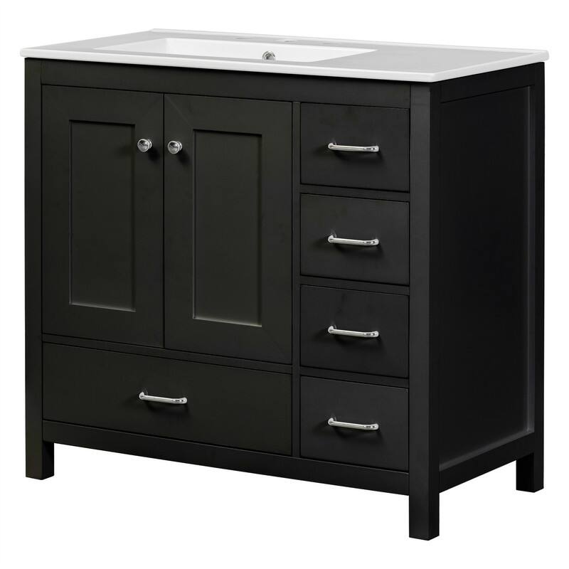 36'' Bathroom Vanity with Ceramic Sink Combo, Modern Bathroom Vanity Cabinet with 2 Soft Close Doors and 5 Storage Drawers