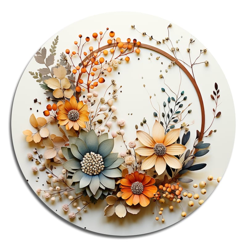 Designart "Beige and Orange Floral Wreath I" Floral Metal Circle Wall Art