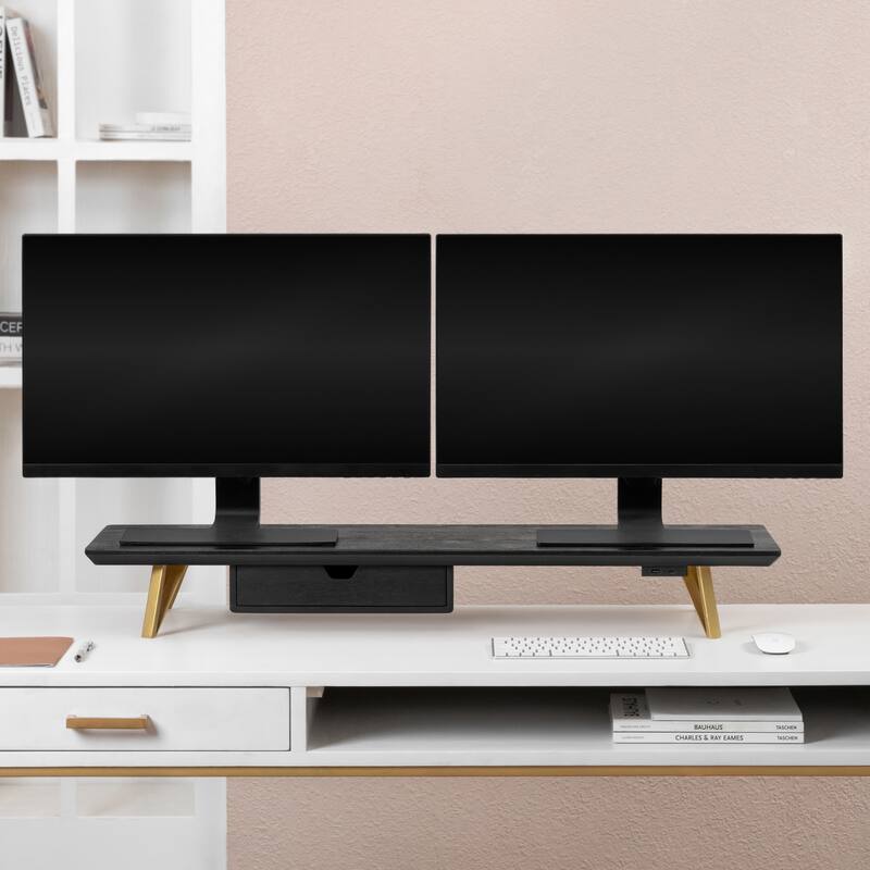 Jani Wood Monitor Stand Riser Desk - Ergonomic Design Stand, Desktop Organizer Table for Home, Office Workspace, Gaming Desk - Black