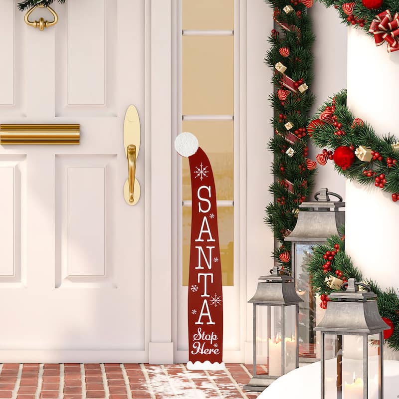 Santa Stop Here Christmas Hat Porch Sign - 35"