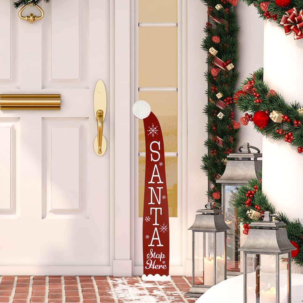 Santa Stop Here Christmas Hat Porch Sign - 35"