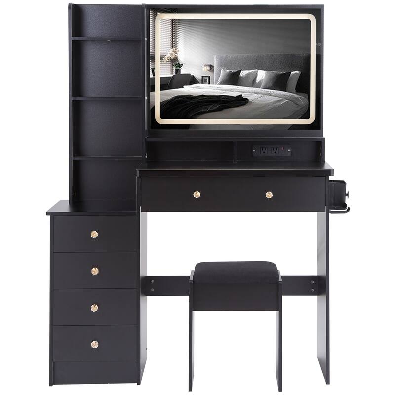 Vanity Desk with Touch Control LED Mirror, Makeup Table with Hair Dryer Stand, Vanity Table Set with Cushioned Stool