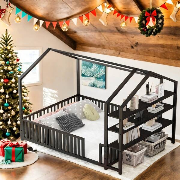 slide 2 of 14, House-Shaped Full Size Metal House Bed with Fence-shaped Guardrail and Detachable Storage Shelves