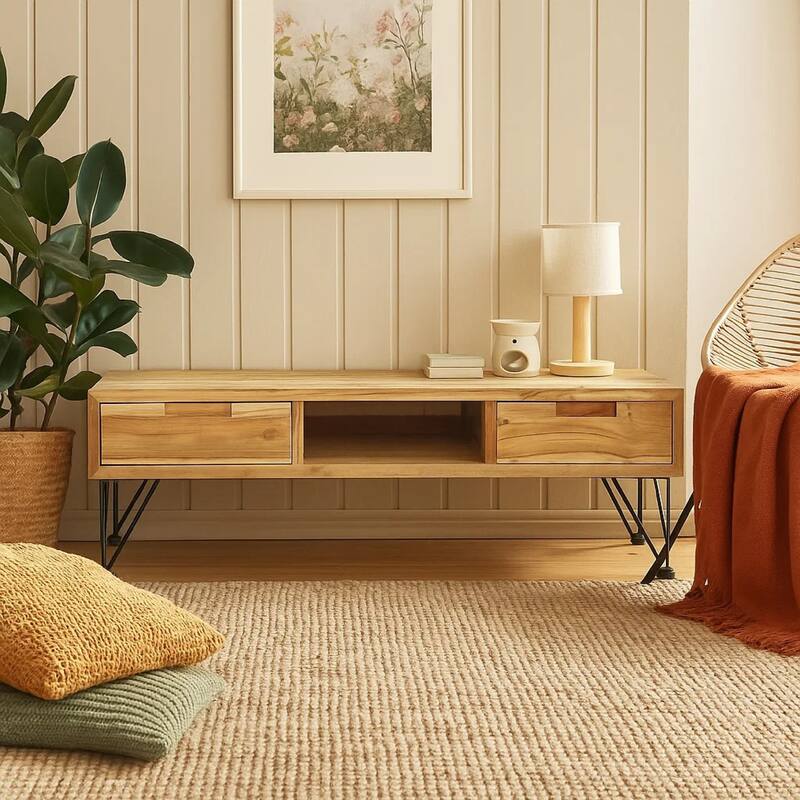 TV Stand Media Cabinet, Natural Teak Wood and Wrought Iron, 47 Inch