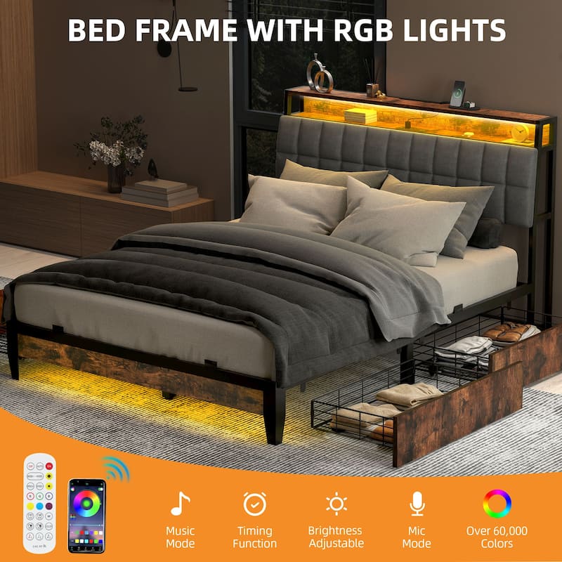 Upholstered Platform Bed with Charging Station and Storage Headboard