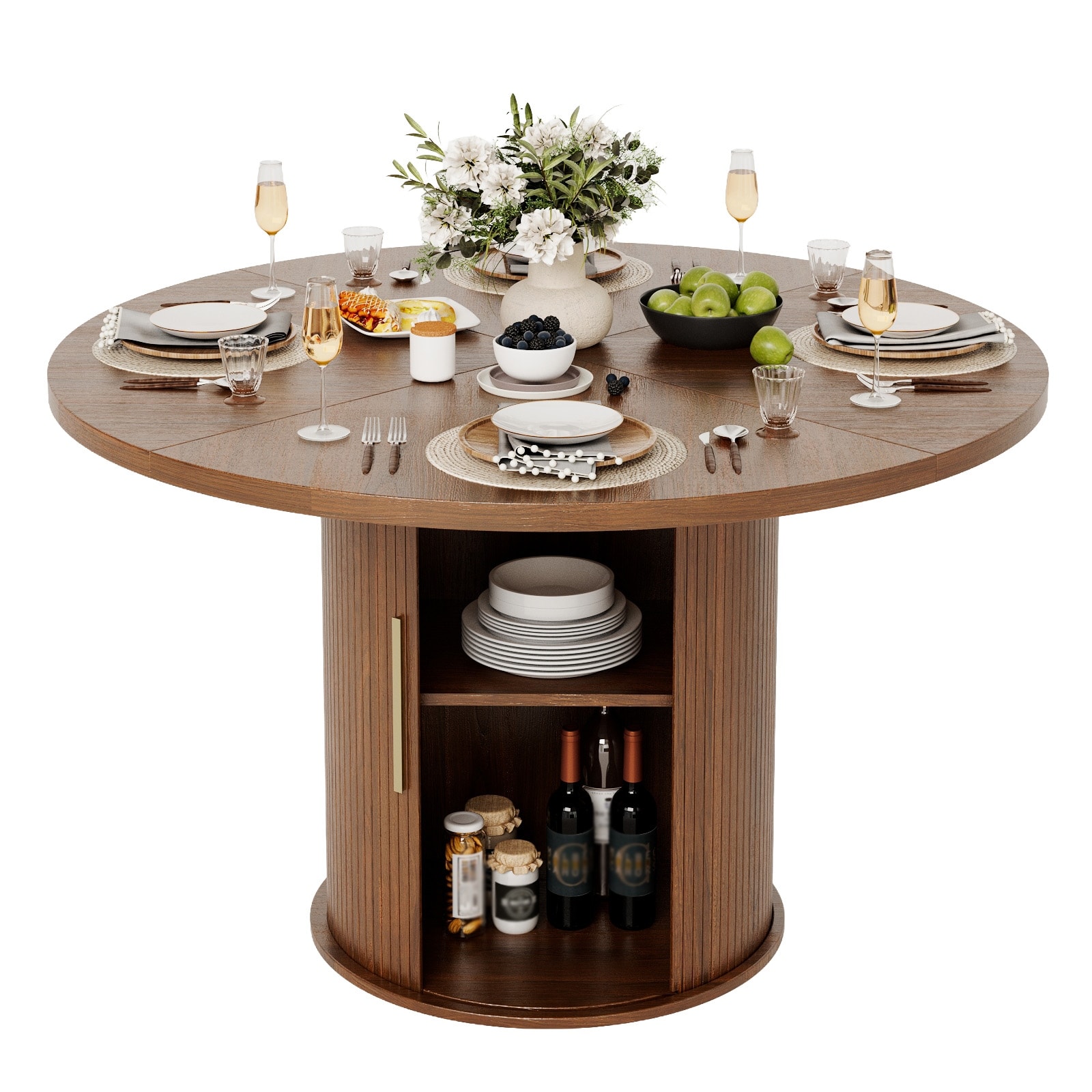 47.2" Round Pedestal Dining Table with Fluted Base & Roll-up Storage