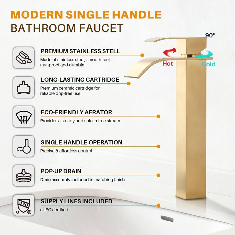 WOWOW Single Handle Single Hole Waterfall Bathroom Vessel Faucet