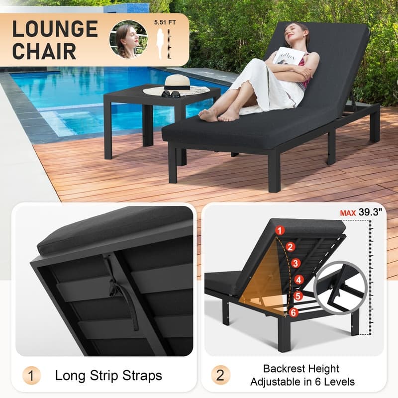 FINCATI Aluminum Pool Chaise Lounge Chair with Side Table & Cushions, Adjustable Reclining Loungers for Deck, Garden or Balcony