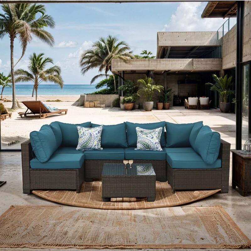 7-Piece PE Rattan Wicker Outdoor Patio Sectional Sofa Set with Cushions and Coffee Table - Light Blue