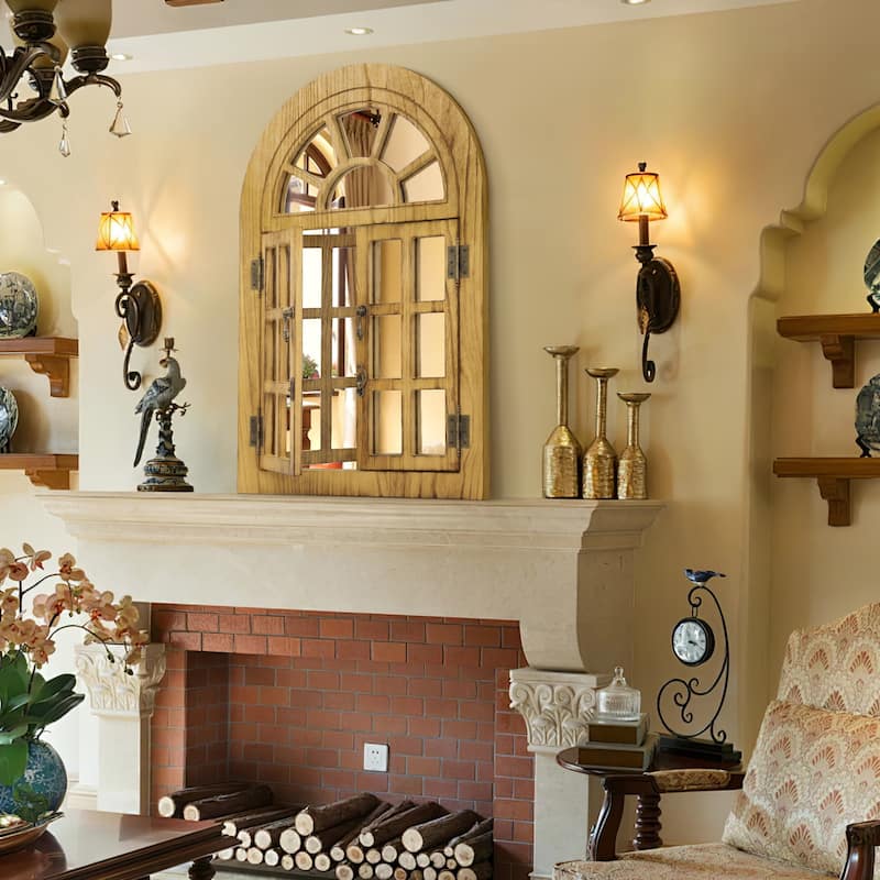 Arched Wood Framed Windowpane Accent Mirror Wall Mirror - 24x36 - Brown