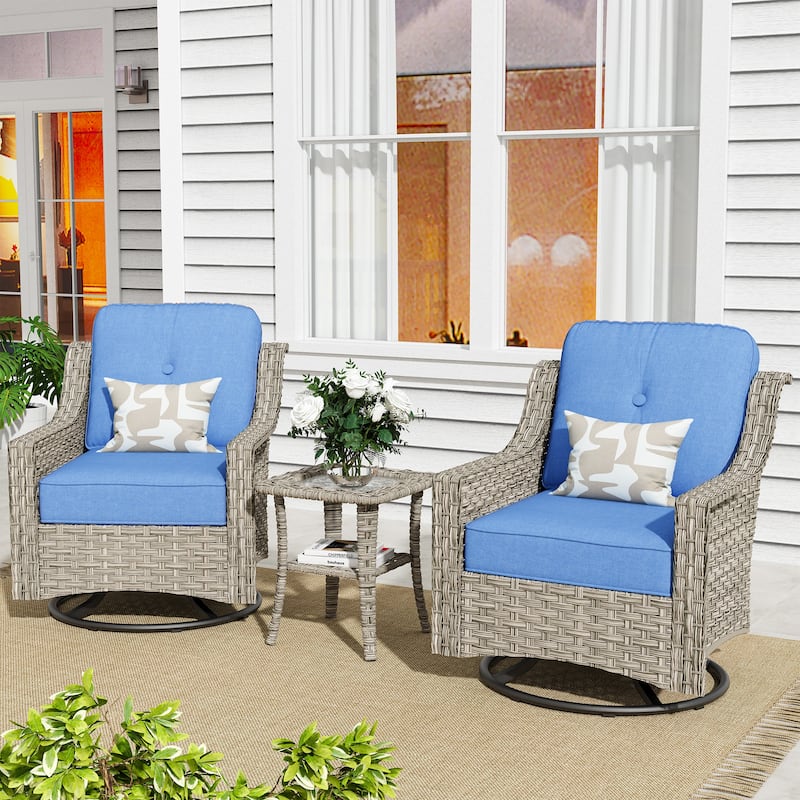XIZZI 3-Piece Swivel Rocking Chair Rattan Wicker Outdoor Patio Furniture Bistro Set - Diamond Blue