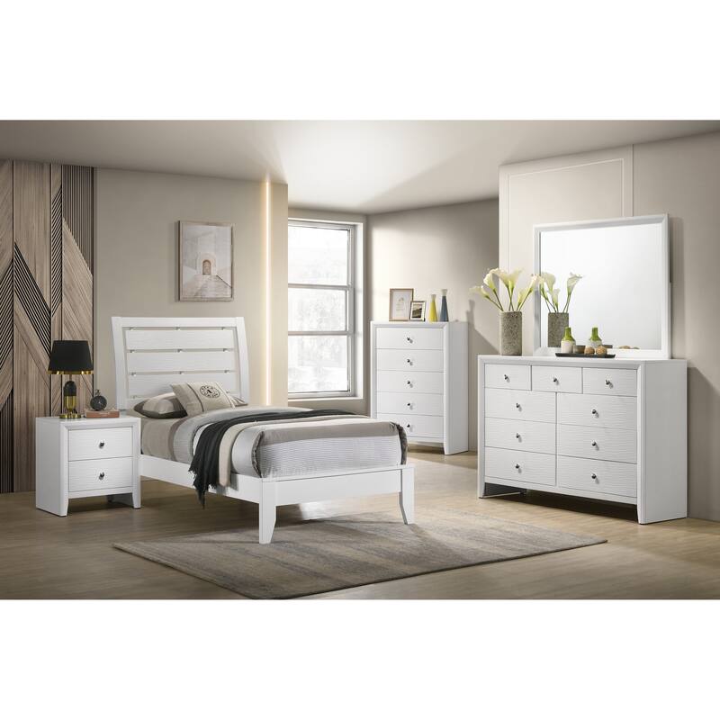 Twin Size White Geometric Design Wooden Panel Bed with Softly Curved Headboard