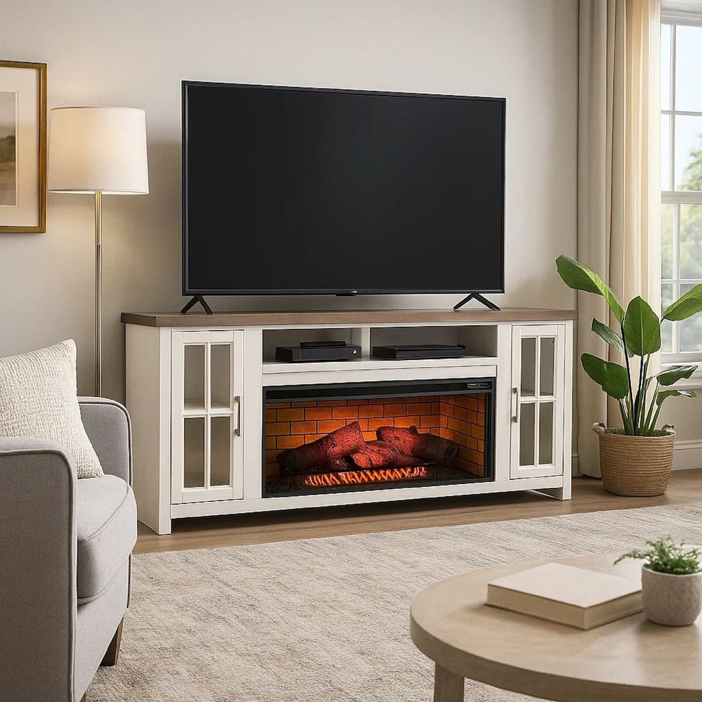 Gery TV Media Console w Log Fireplace Insert Option, 76 Inch, 2 Cabinets, White