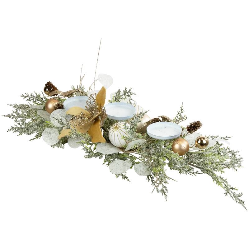 Glittered Poinsettia and Ornaments Christmas Pillar Candle Holder - 24"