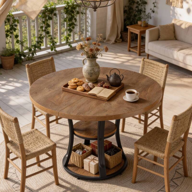 39 Inch Round Pedestal Dining Table with 2-Tier Storage Shelf - 39.37" D x 39.37" W x 29.53" H