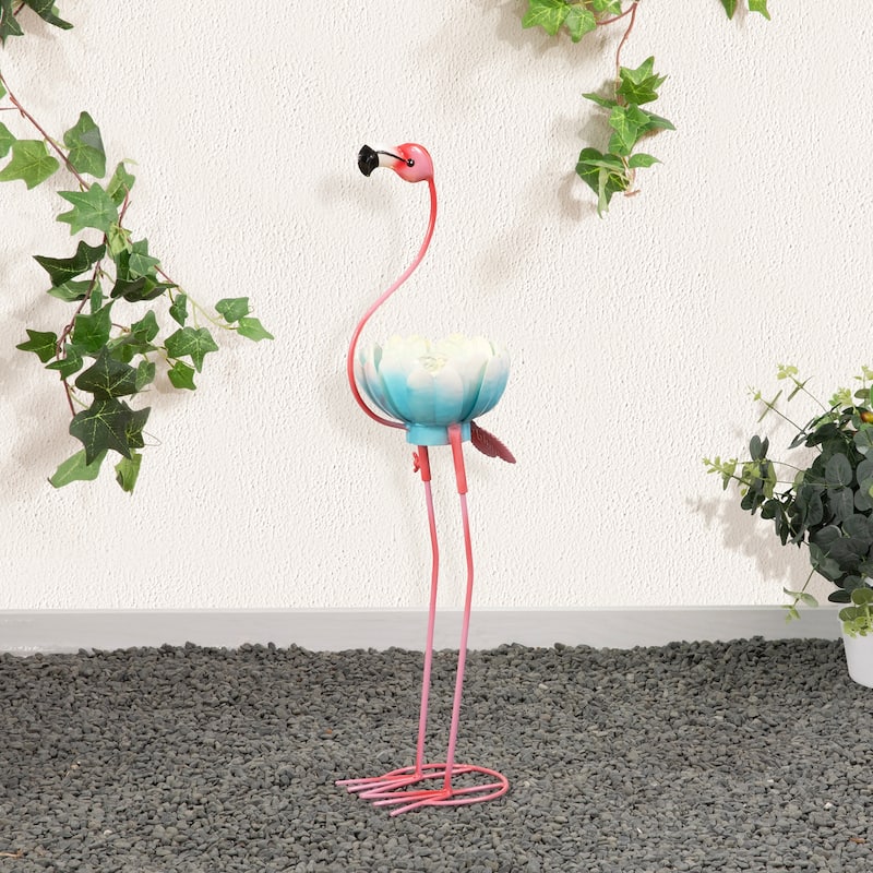 Glitzhome 26.25"H Standing Flamingo Solar Lighting Metal Statue for Outside Patio Lawn Balcony Backyard Decorations