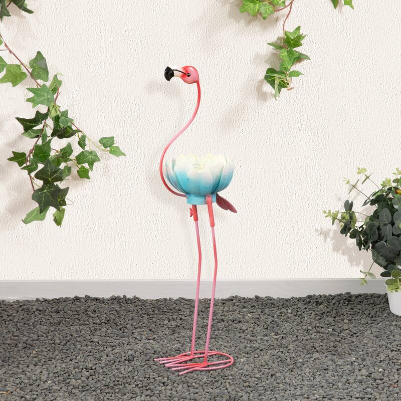 Glitzhome 26.25"H Metal Solar Lighting Standing Flamingo Garden Statue