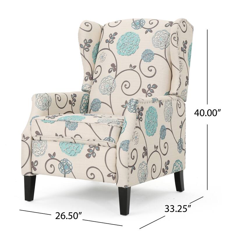Pushback Recliner Chair, Modern Fabric Wingback Armchair with Nailhead Trim and Wood Legs, Classic Living Room Chair