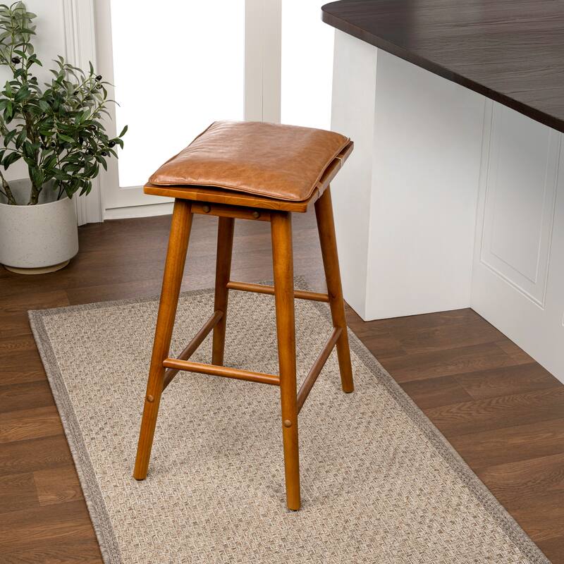 Saddle-Seat Backless Stool, Wood & Vegan Leather w/ Removable Cushion - JONATHAN Y - Chestnut Brown - Counter Height