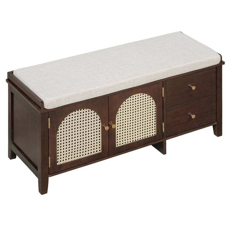 Wood Shoe Storage Bench with Cushion,2 Drawers and 2 Rattan Door