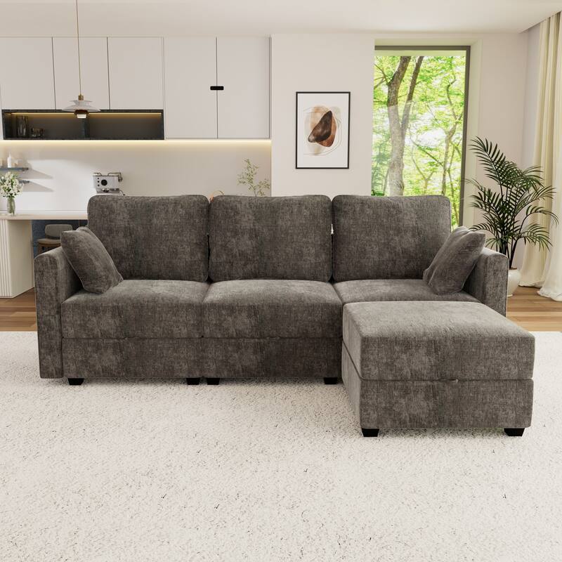 L-Shaped 3-Seater Sectional Sofa with Storage Ottoman - Grey