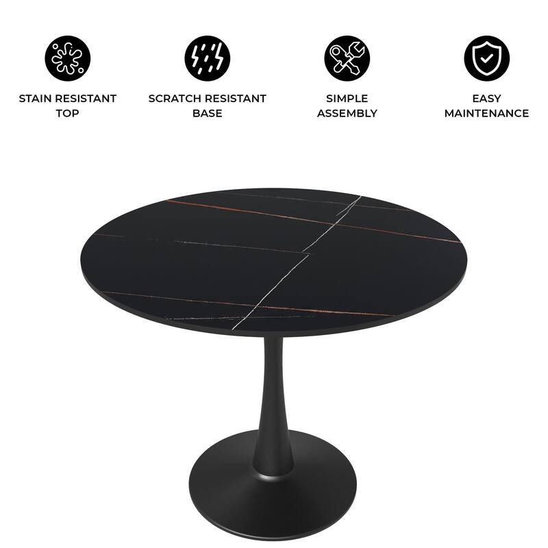 Bristol 32" Round Minimalist Dining Table for 4, Sintered Stone Top & Black Iron Pedestal Base for Kitchen & Dining Room