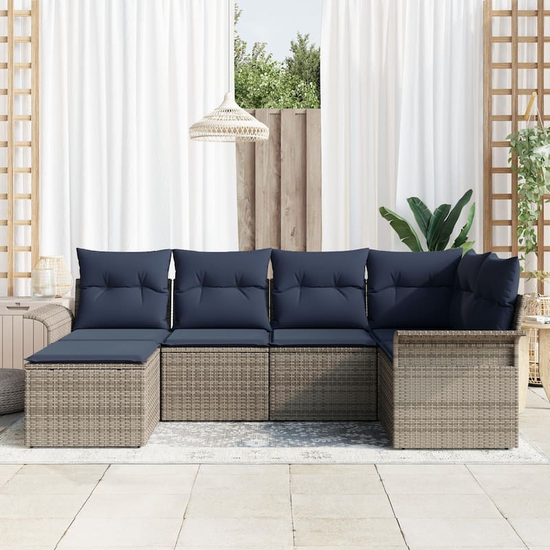 vidaXL 6/7 Garden Sofa Set with Cushions Black/Brown/Grey Poly Rattan - 95.9 x 52.2 x 27.2