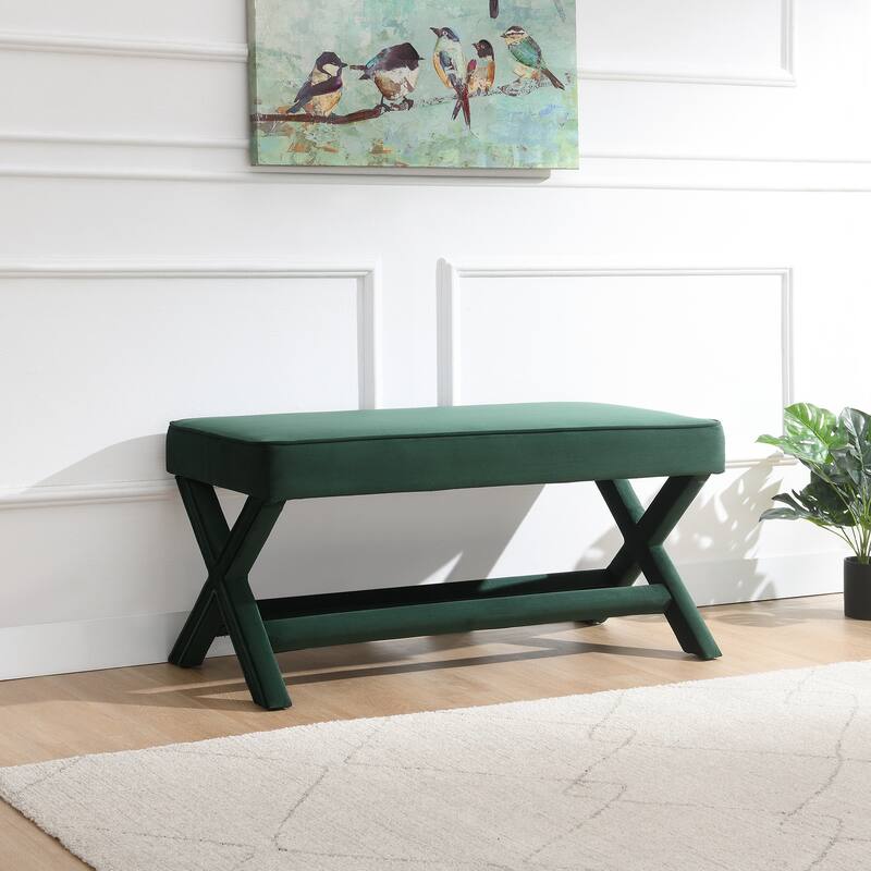 Comfort Double Bench Upholstered in Velvet Fabric,Stool with Stylish X-Crossed Legs,Comfort Cushion with Piping - Green