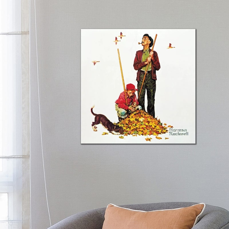 iCanvas "Grandpa and Me - Raking Leaves" by Norman Rockwell Canvas Print - 26x26x1.5