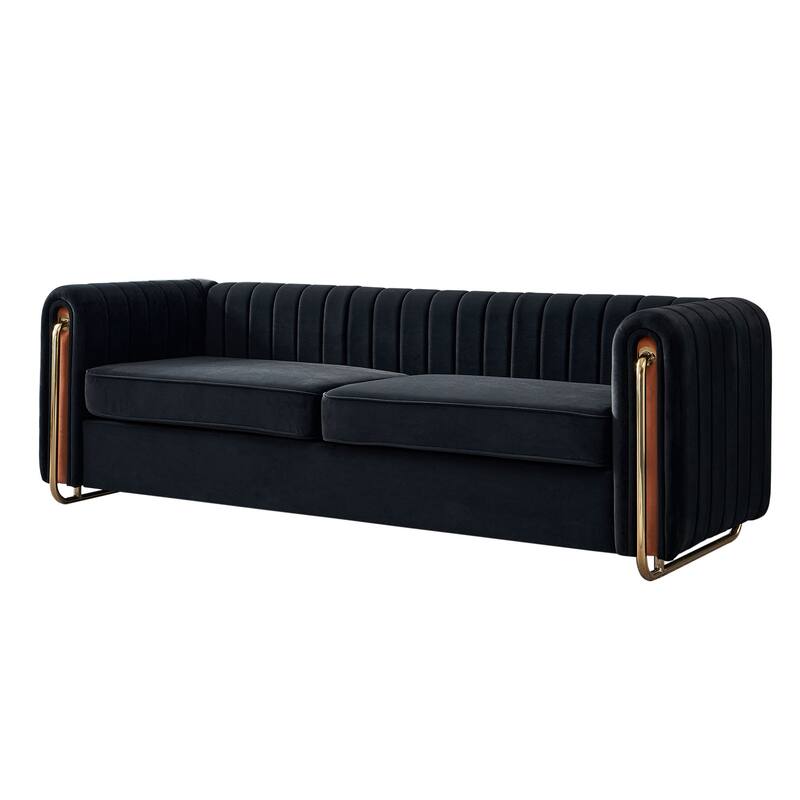Modern Velvet Sofa with Channel Tufting & Gold Steel Legs - 3 Seater Couch - Black