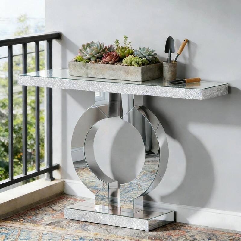 43" Modern Mirrored Console Table with O-Shaped Base for Living Room or Entryway