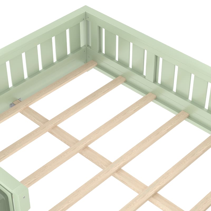 Low Profile Montessori Bed Floor Platform Bed with Fence and Bookshelf