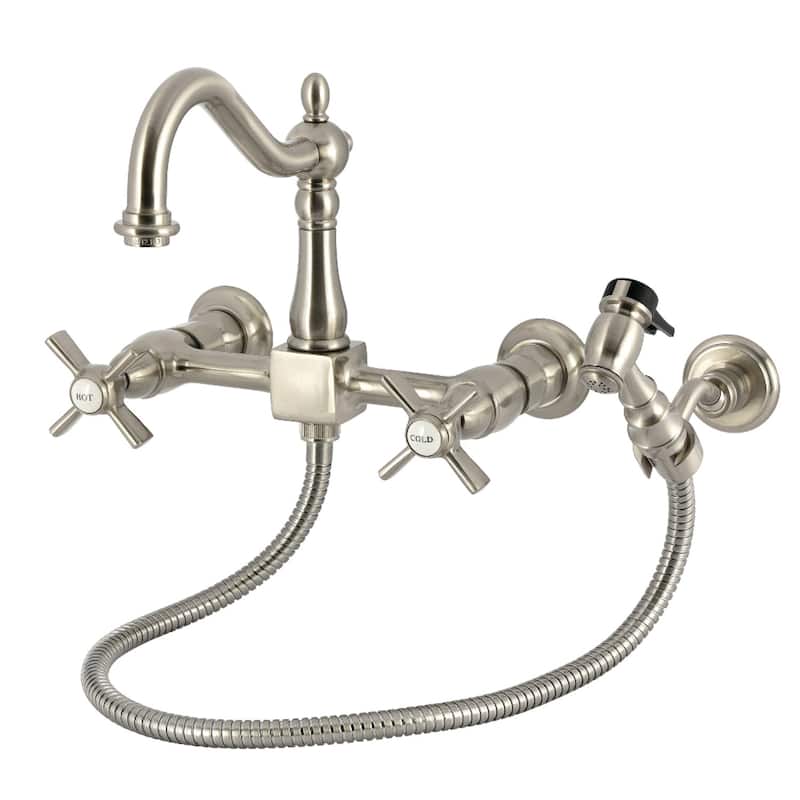 Kingston Brass Essex Double-Handle Wall-Mount Pre-Rinse Bridge Kitchen Faucet - Brushed Nickel