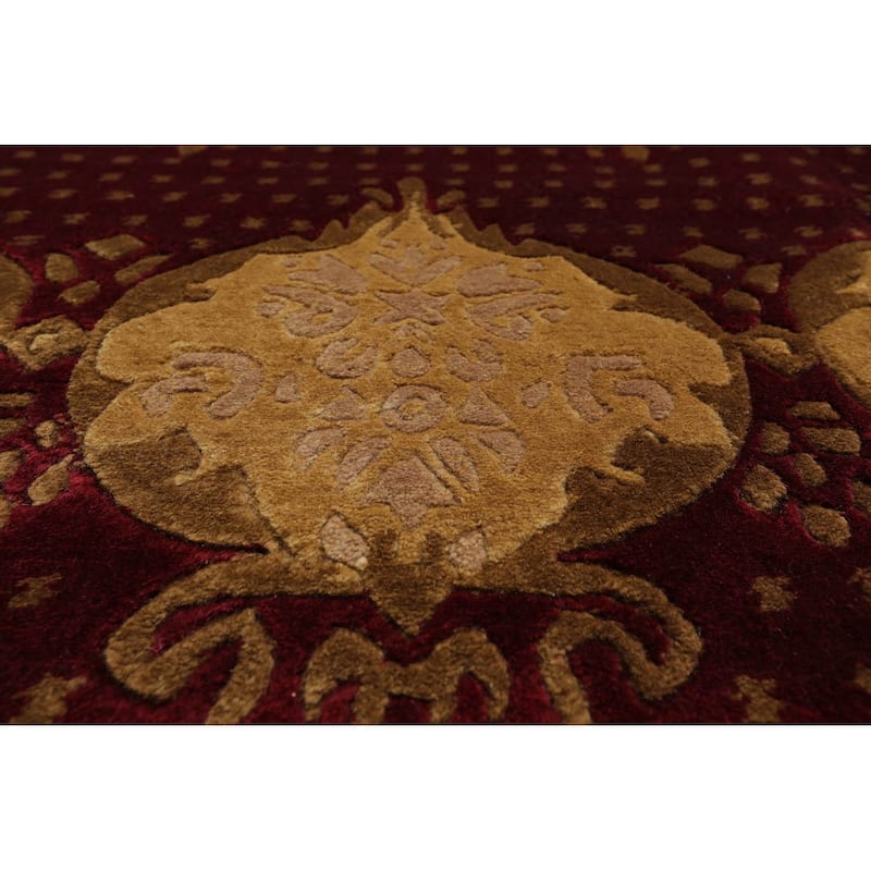 Hand Knotted Burgundy Savonnerie Wool Traditional Oriental Area Rug - 9' x 12'