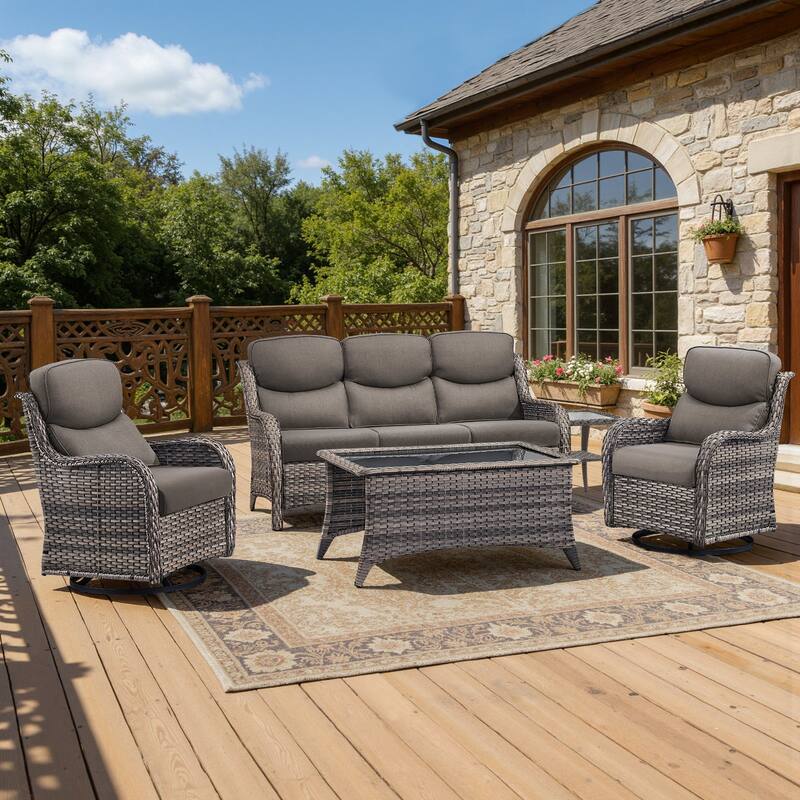 Meyreso 5-Piece Wicker Outdoor Patio Conversation Set with 5-Inch Thick Olefin Cushions - Gray Wicker - Gray Cushions