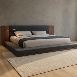 Noe Zen Japanese Low Profile Queen Bed w Nightstand, Dark Gray