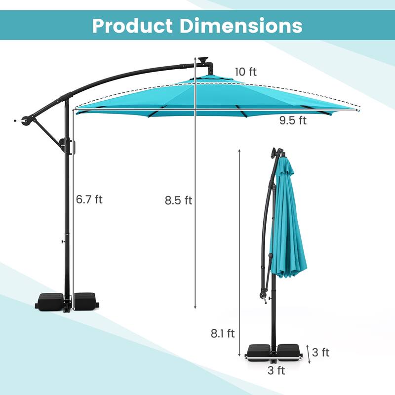 Costway 10 FT Solar Offset Hanging Umbrella with Base Patio Cantilever