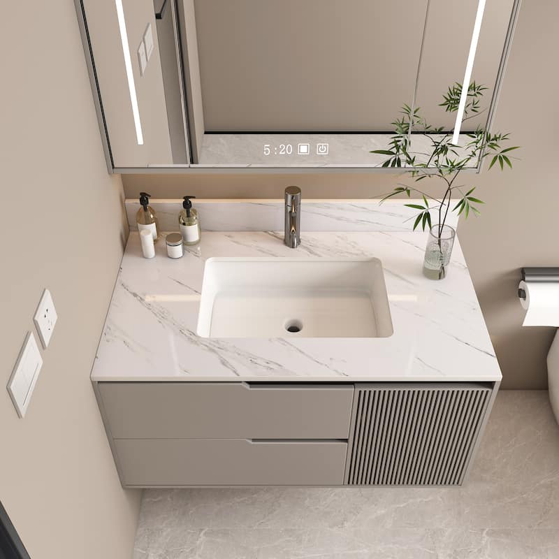 Roomfitters 37 Inch Vanity Top with Undermount Sink, Durable Sintered Stone Bathroom Countertop with Backsplash, White