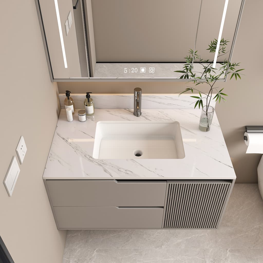 Roomfitters 37 Inch Vanity Top with Undermount Sink, Durable Sintered Stone Bathroom Countertop with Backsplash, White