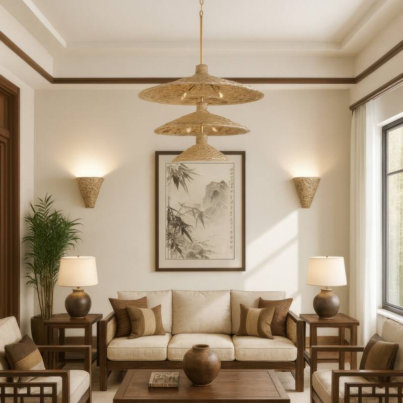Varaluz Hilton Head 15-Light 3-Tier Pendant - French Gold/Natural Seagrass