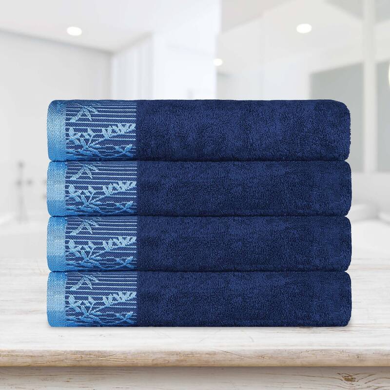 Superior Wisteria Cotton Floral Jacquard Border Bath Towel Set - Navy Blue