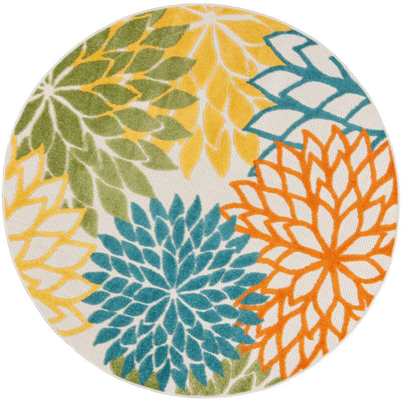 Nourison Aloha Floral Modern, Indoor/Outdoor Area Rug - 4' x Round - Turquoise/Multicolor