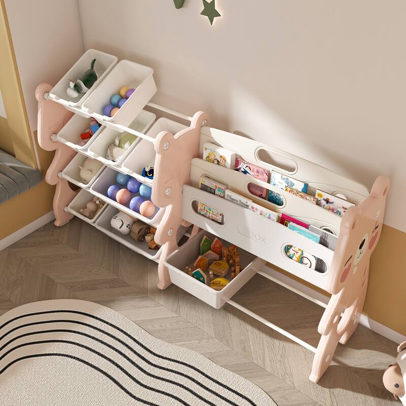 Toy Organizer with 2 Tier Bookshelf - Pink