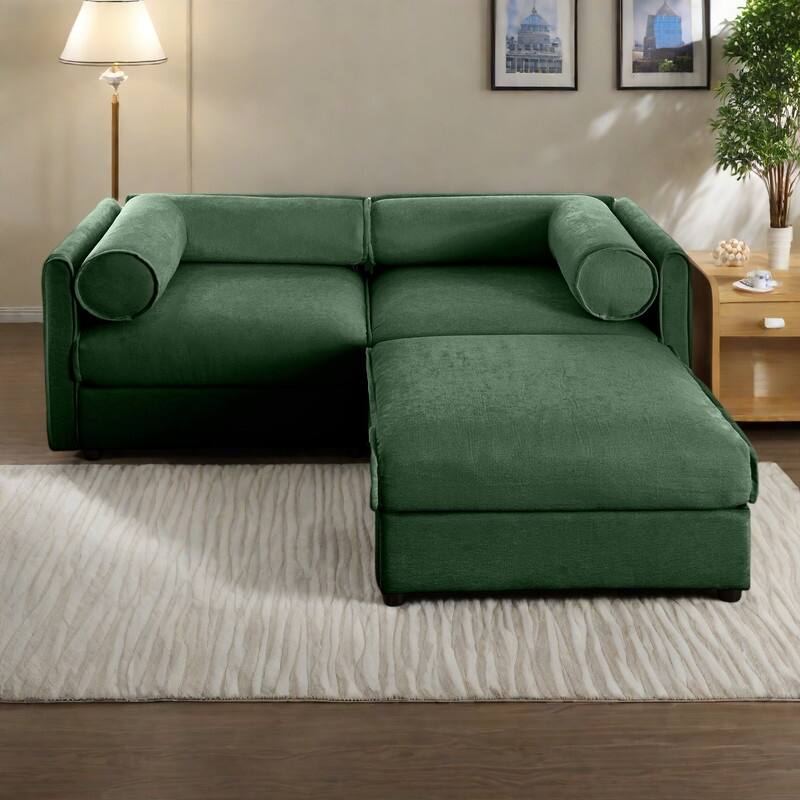 75.5" 2-Seater Chenille Sofa with Ottoman Storage, Cylindrical Backrest and Modular Design - Green